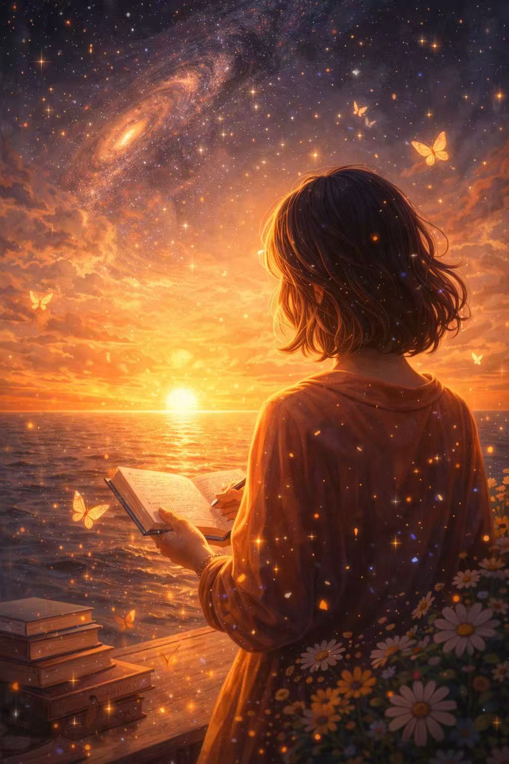 夕阳下读书的女孩